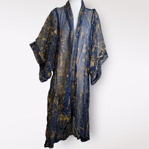 Victrola Navy‎ Blue and Gold Splatter Sheer Kimono